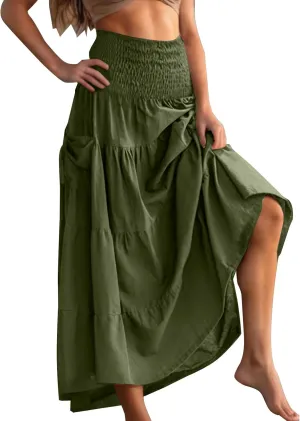 Midi Skirts for Women Pleated Tiered Long Flowy Skirt Elastic Waist Summer Boho Casual Loose Layered Ruffle Skirt