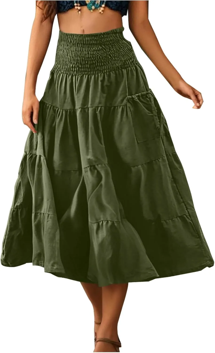 Midi Skirts for Women Pleated Tiered Long Flowy Skirt Elastic Waist Summer Boho Casual Loose Layered Ruffle Skirt