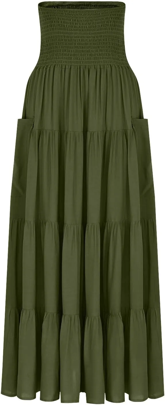 Midi Skirts for Women Pleated Tiered Long Flowy Skirt Elastic Waist Summer Boho Casual Loose Layered Ruffle Skirt