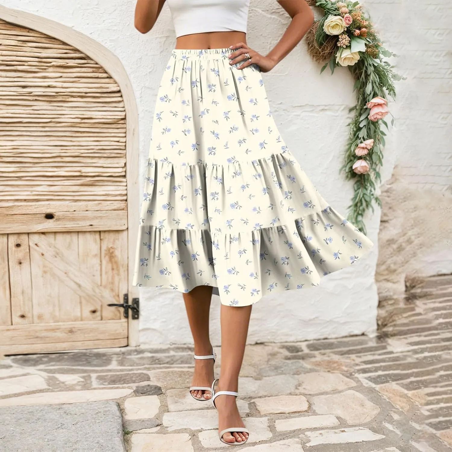 midi Tiered Floral Skirts for Women Trendy Boho high Elastic Waist Long Ruffle Flowy a line Skirts Vacation Skort