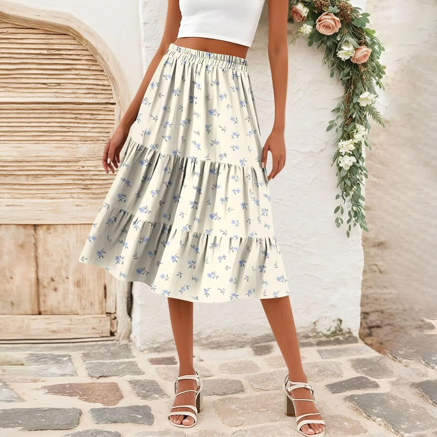 midi Tiered Floral Skirts for Women Trendy Boho high Elastic Waist Long Ruffle Flowy a line Skirts Vacation Skort