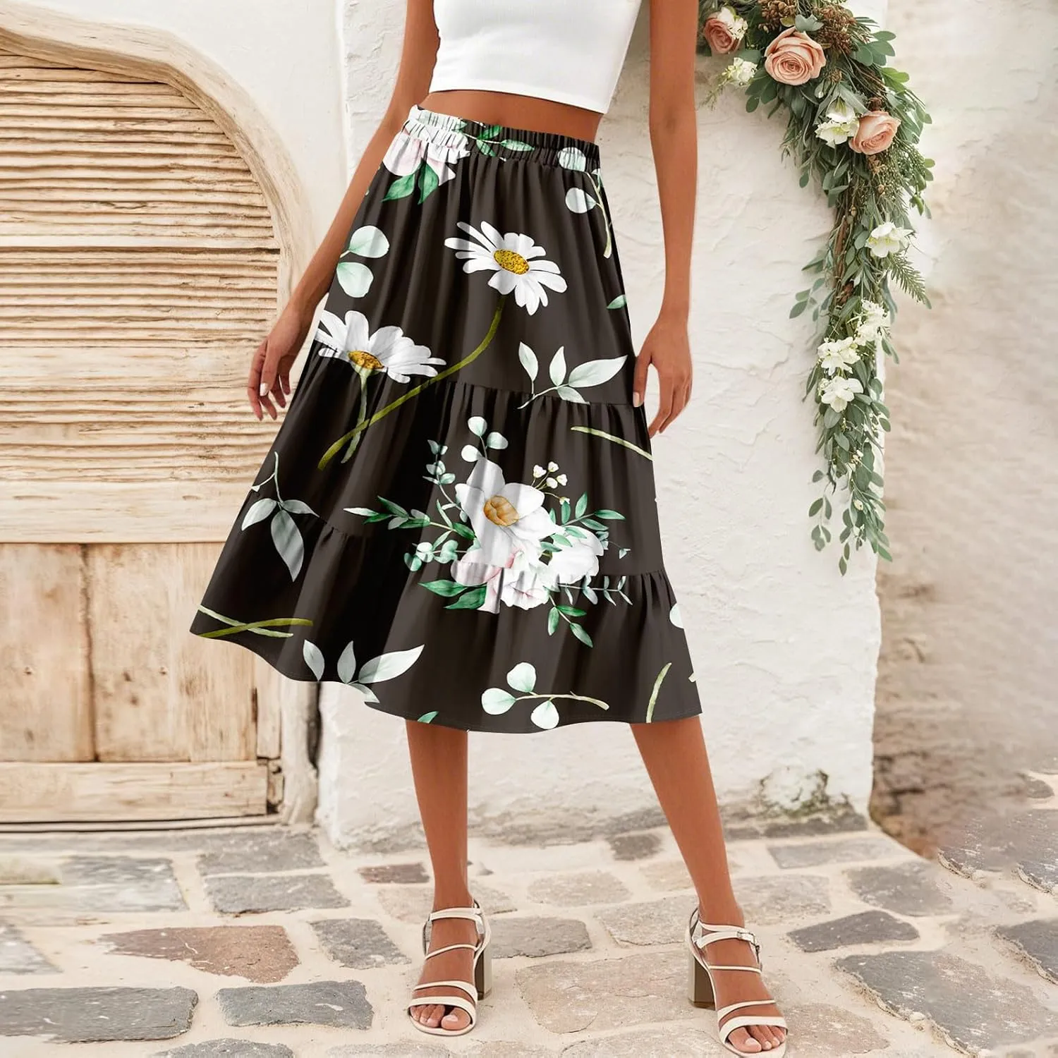 midi Tiered Floral Skirts for Women Trendy Boho high Elastic Waist Long Ruffle Flowy a line Skirts Vacation Skort