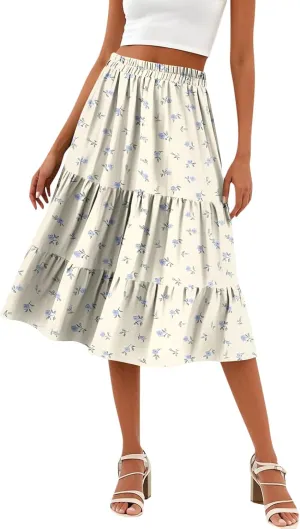 midi Tiered Floral Skirts for Women Trendy Boho high Elastic Waist Long Ruffle Flowy a line Skirts Vacation Skort