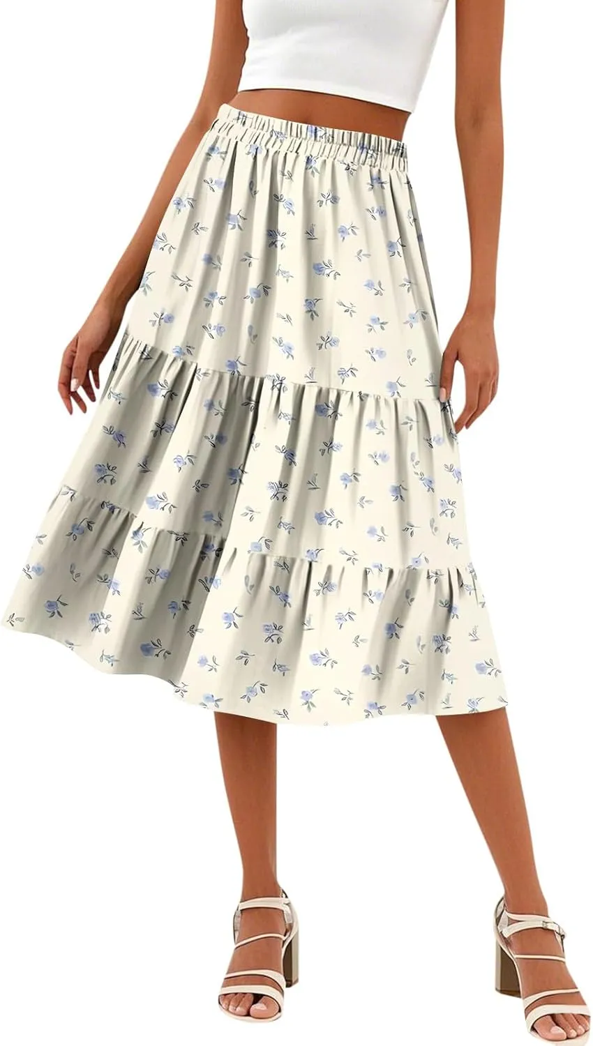 midi Tiered Floral Skirts for Women Trendy Boho high Elastic Waist Long Ruffle Flowy a line Skirts Vacation Skort