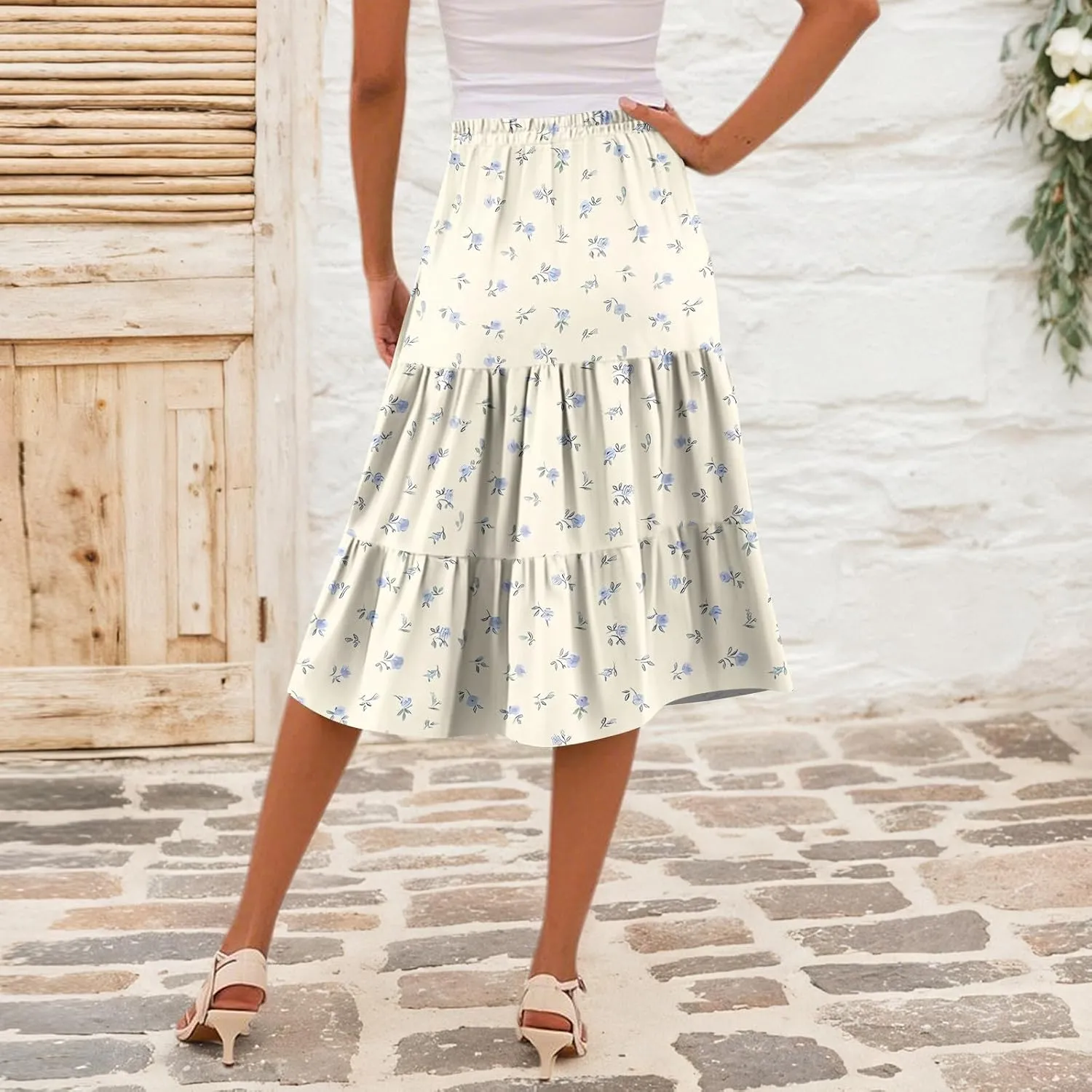 midi Tiered Floral Skirts for Women Trendy Boho high Elastic Waist Long Ruffle Flowy a line Skirts Vacation Skort