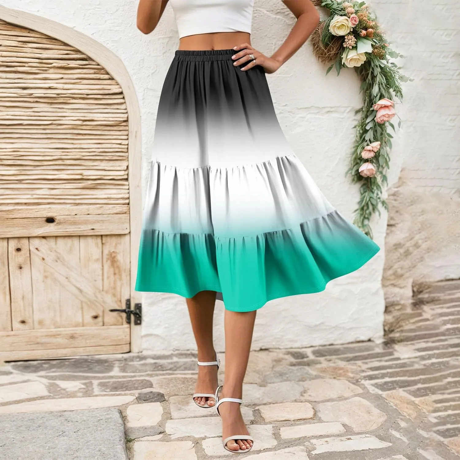 midi Tiered Skirts for Women Summer Boho Floral Long Ruffle Flowy high Elastic Waist a line Skirts Vacation Skort