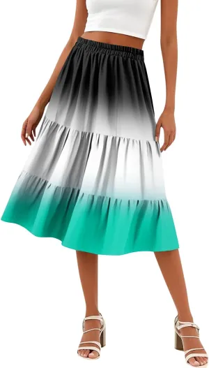 midi Tiered Skirts for Women Summer Boho Floral Long Ruffle Flowy high Elastic Waist a line Skirts Vacation Skort