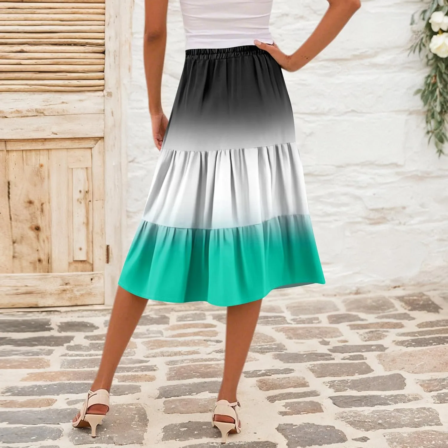 midi Tiered Skirts for Women Summer Boho Floral Long Ruffle Flowy high Elastic Waist a line Skirts Vacation Skort