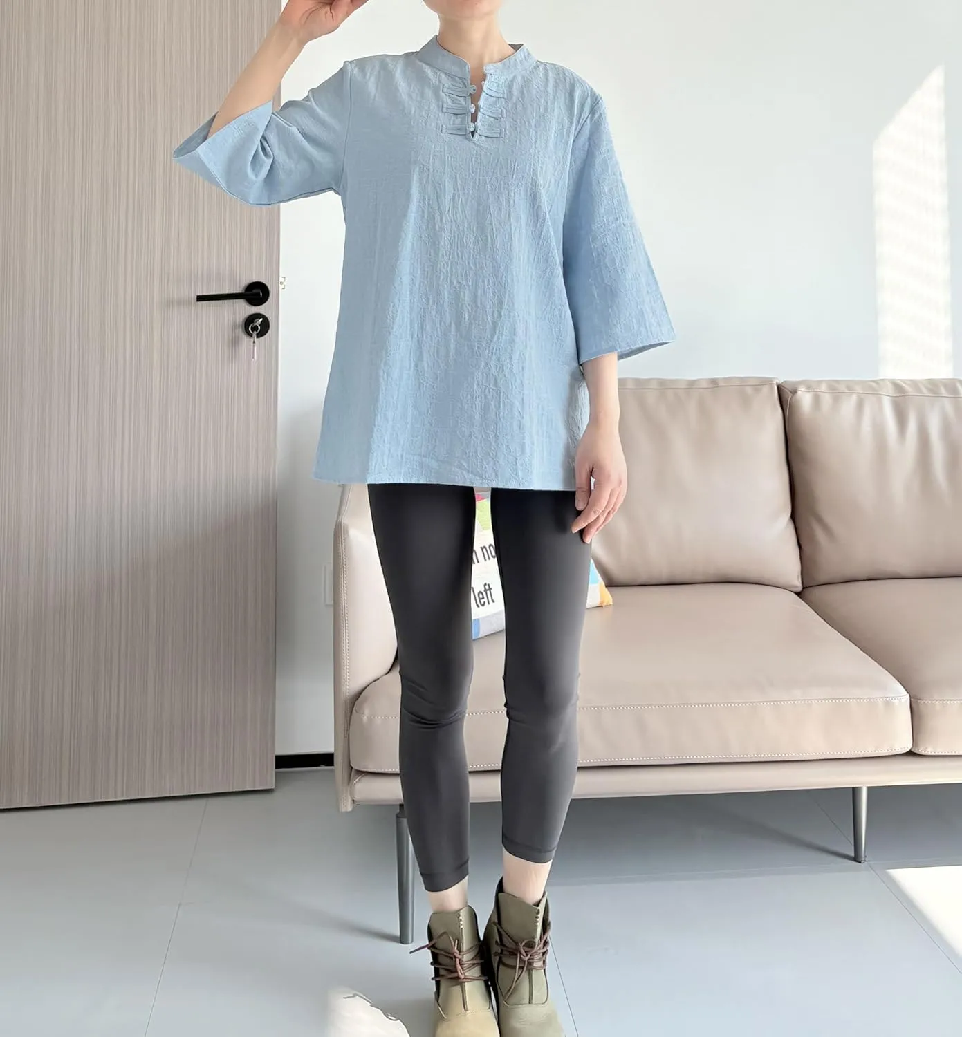 Minibee Women's 3/4 Length Sleeve Tops Cotton Linen Shirts Casual Blouse Summer Tops for Women