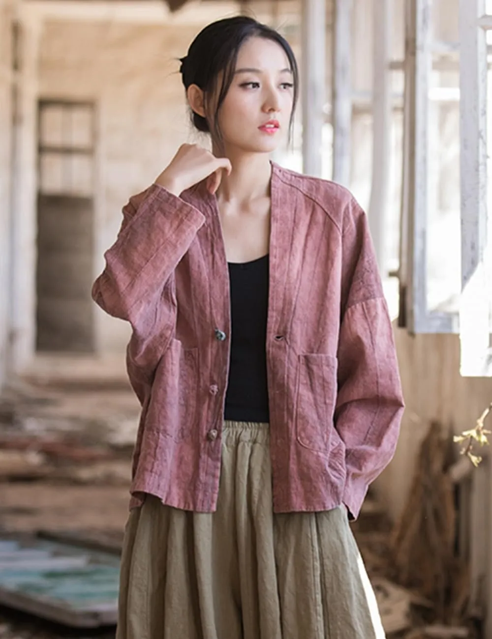 NFYM Women's Lightweight Cotton Linen Vintage Tie-Dye Loose Fit Open Front Kimono Cardigan Jacket Outwear