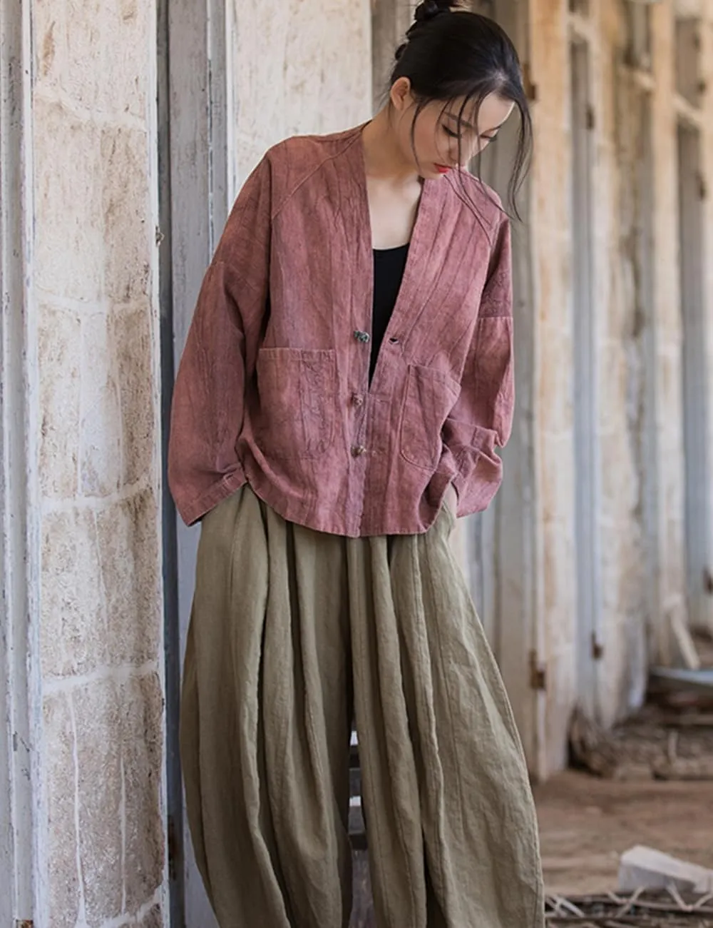 NFYM Women's Lightweight Cotton Linen Vintage Tie-Dye Loose Fit Open Front Kimono Cardigan Jacket Outwear