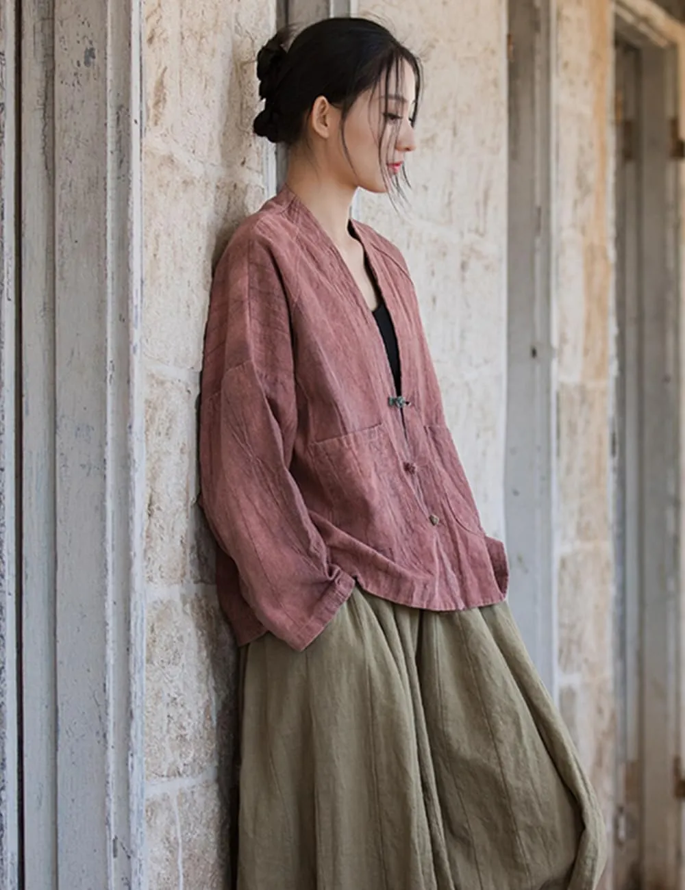 NFYM Women's Lightweight Cotton Linen Vintage Tie-Dye Loose Fit Open Front Kimono Cardigan Jacket Outwear
