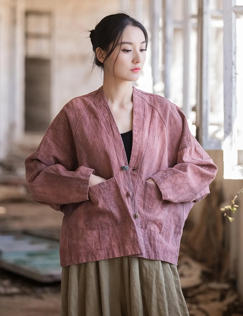 NFYM Women's Lightweight Cotton Linen Vintage Tie-Dye Loose Fit Open Front Kimono Cardigan Jacket Outwear