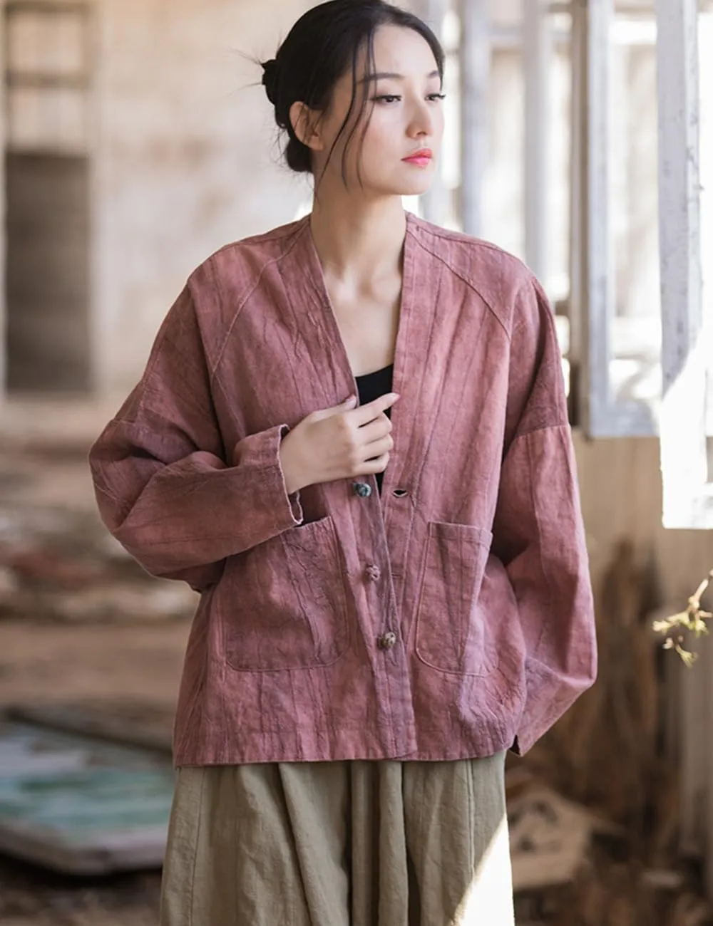 NFYM Women's Lightweight Cotton Linen Vintage Tie-Dye Loose Fit Open Front Kimono Cardigan Jacket Outwear