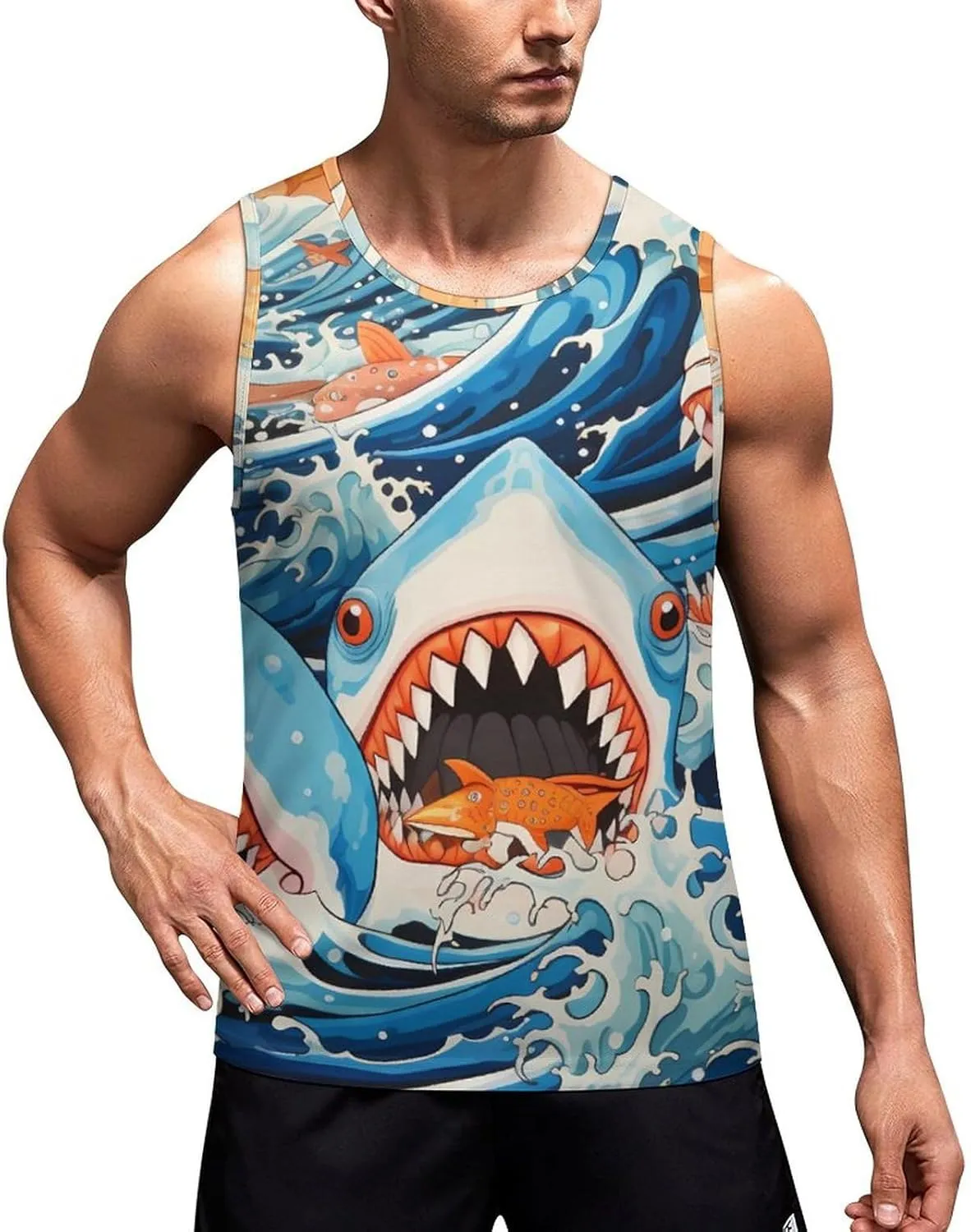 Ocean Sharks Waves Mens Tank Top Undershirt Sleeveless Gym Vest Workout T-Shirts