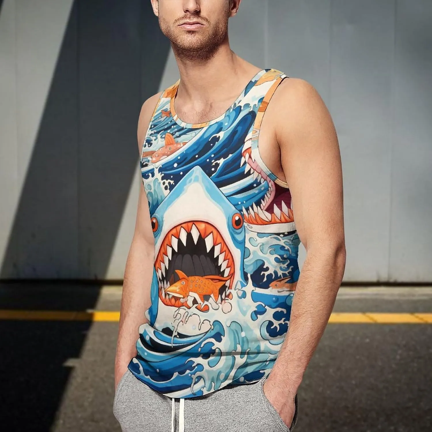 Ocean Sharks Waves Mens Tank Top Undershirt Sleeveless Gym Vest Workout T-Shirts