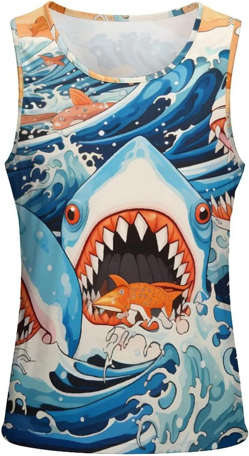 Ocean Sharks Waves Mens Tank Top Undershirt Sleeveless Gym Vest Workout T-Shirts