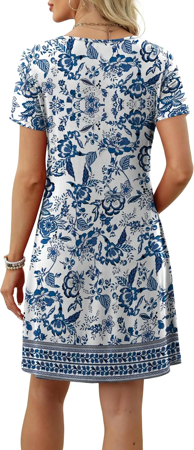 OFEEFAN Summer Dresses for Women 2025 Loose U Neck Short Sleeve Casual Beach Vacation Tshirt Dress Sundresses wih Pockets