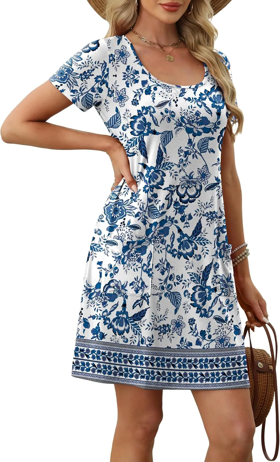 OFEEFAN Summer Dresses for Women 2025 Loose U Neck Short Sleeve Casual Beach Vacation Tshirt Dress Sundresses wih Pockets