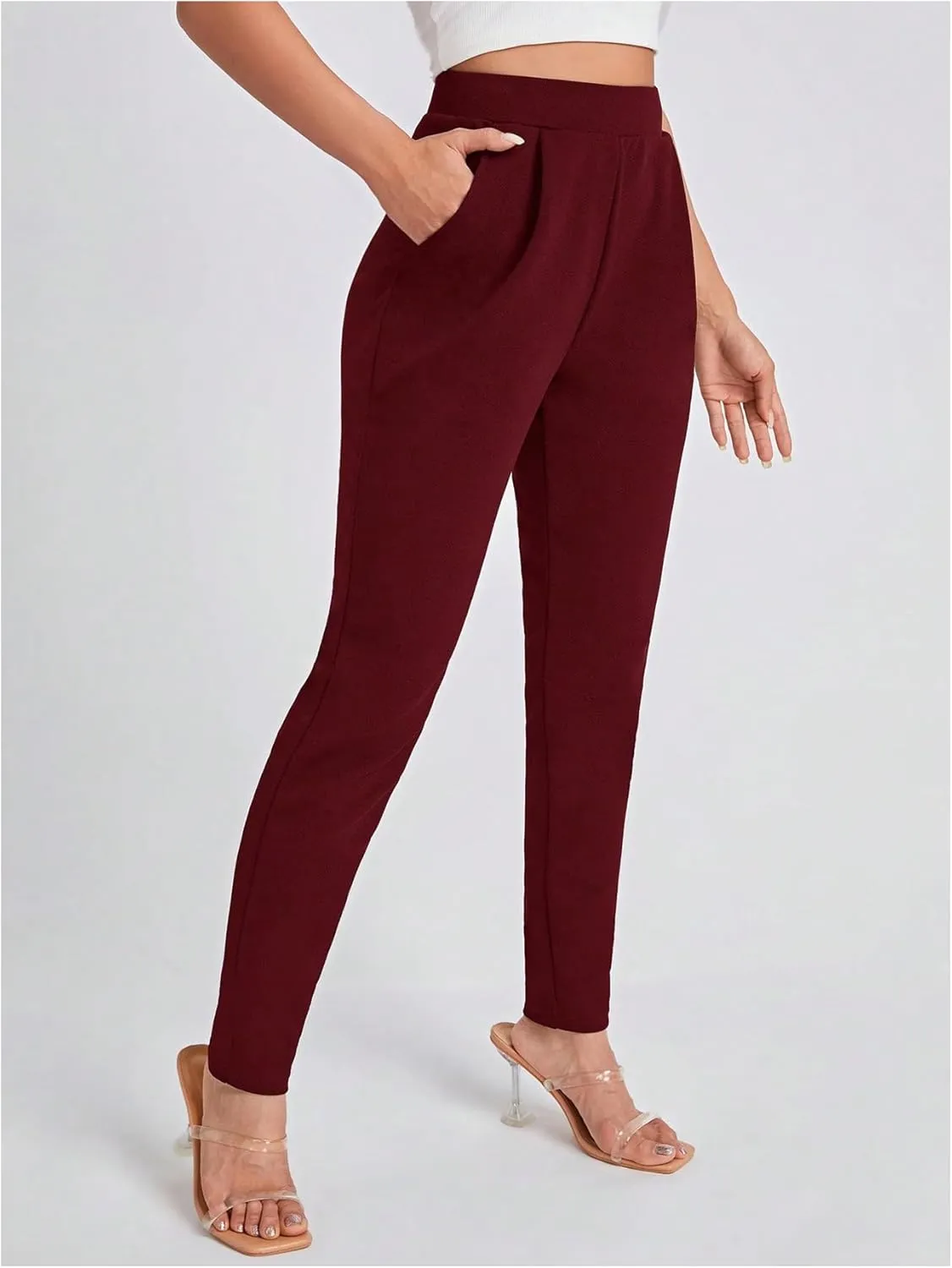 OYOANGLE Women's Elastic High Waist Skinny Tapered Pants Pleated Front Pockets Office Work Trousers