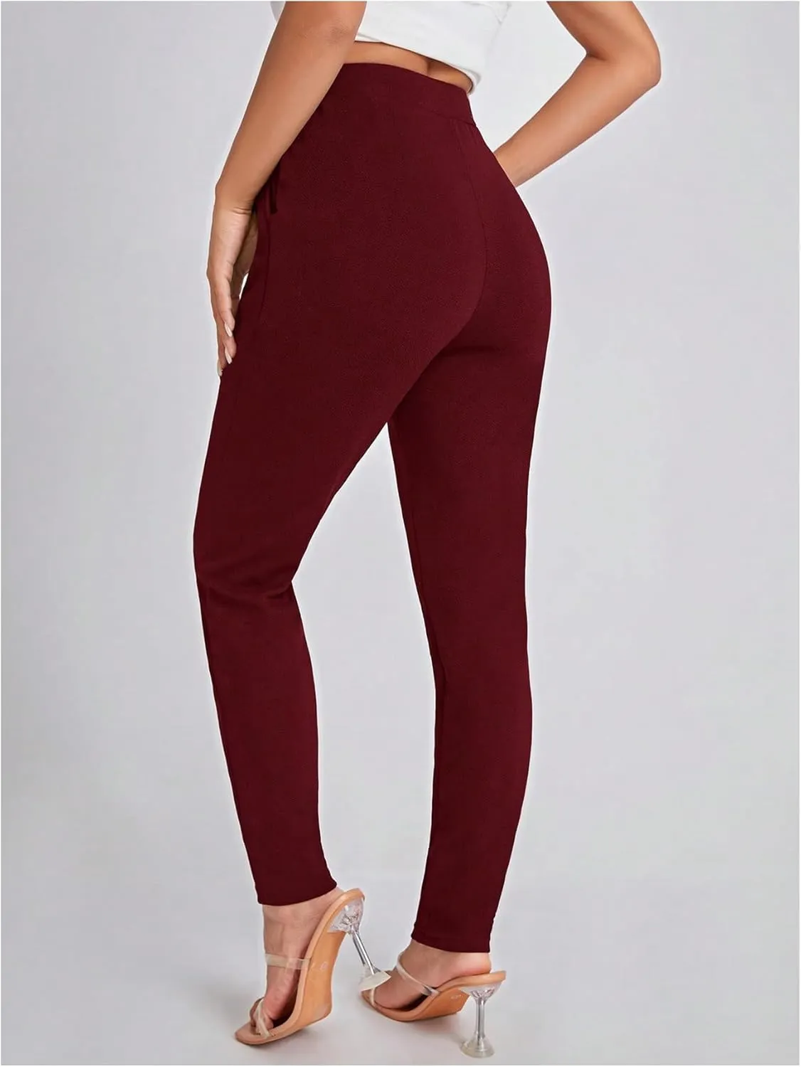 OYOANGLE Women's Elastic High Waist Skinny Tapered Pants Pleated Front Pockets Office Work Trousers