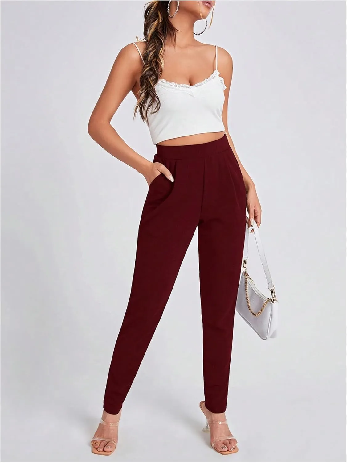 OYOANGLE Women's Elastic High Waist Skinny Tapered Pants Pleated Front Pockets Office Work Trousers