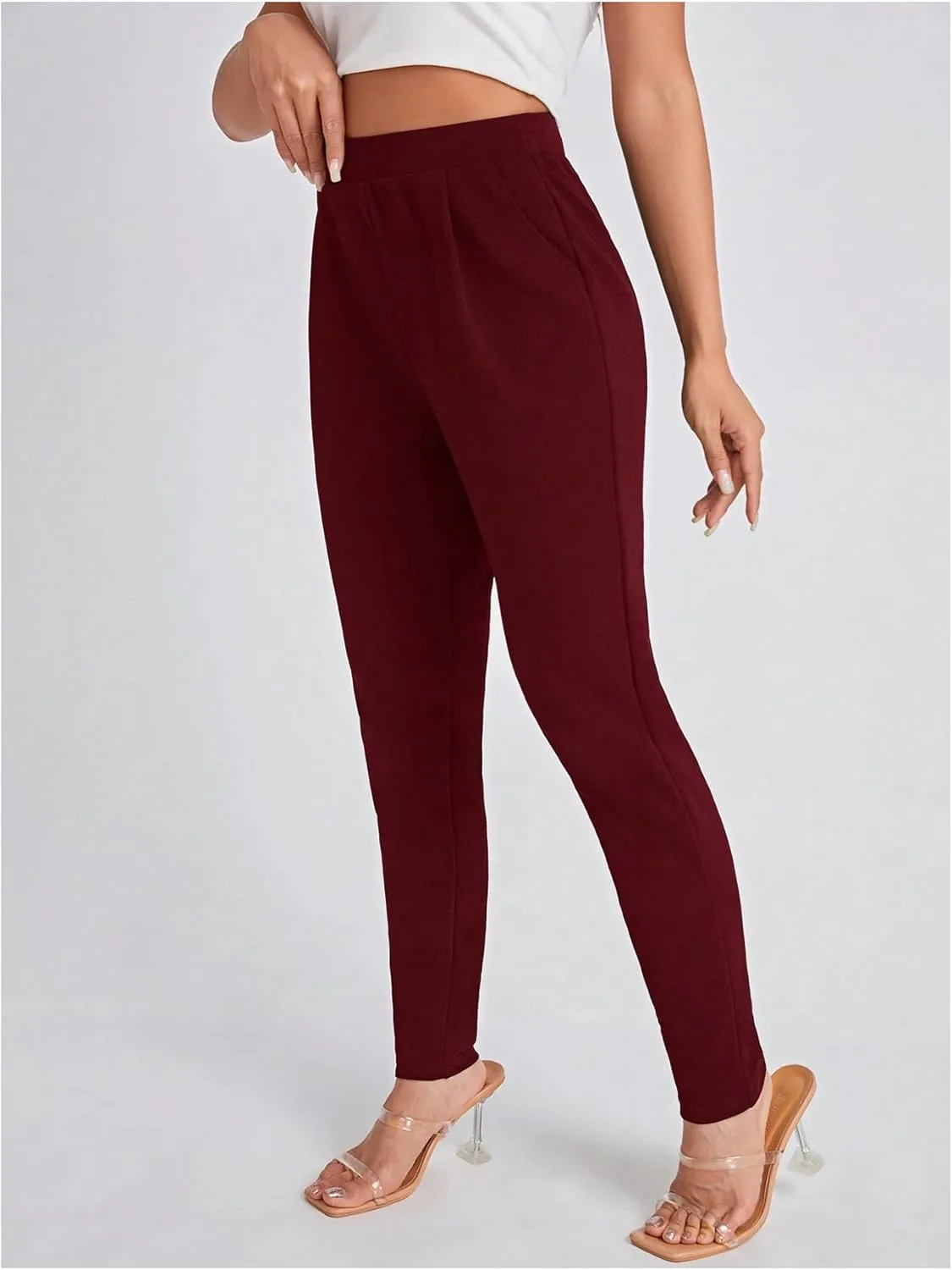 OYOANGLE Women's Elastic High Waist Skinny Tapered Pants Pleated Front Pockets Office Work Trousers