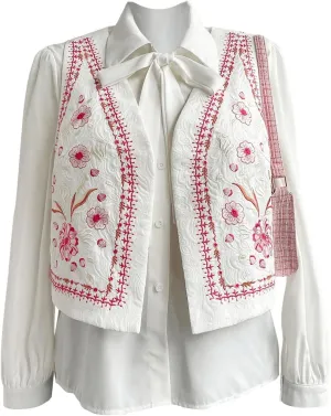 OYOANGLE Women's Plus Size Floral Embroidery Boho Vests V Neck Sleeveless Open Front Vintage Cardigan Waistcoat
