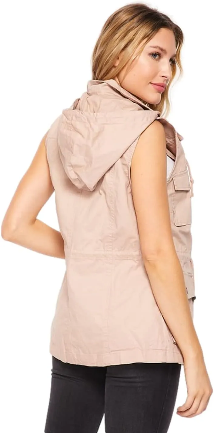 PacificPlex Womens Sleeveless Hooded Anorak Cotton Cargo Utility Safari Military Snap Fashion Vest w/Pockets