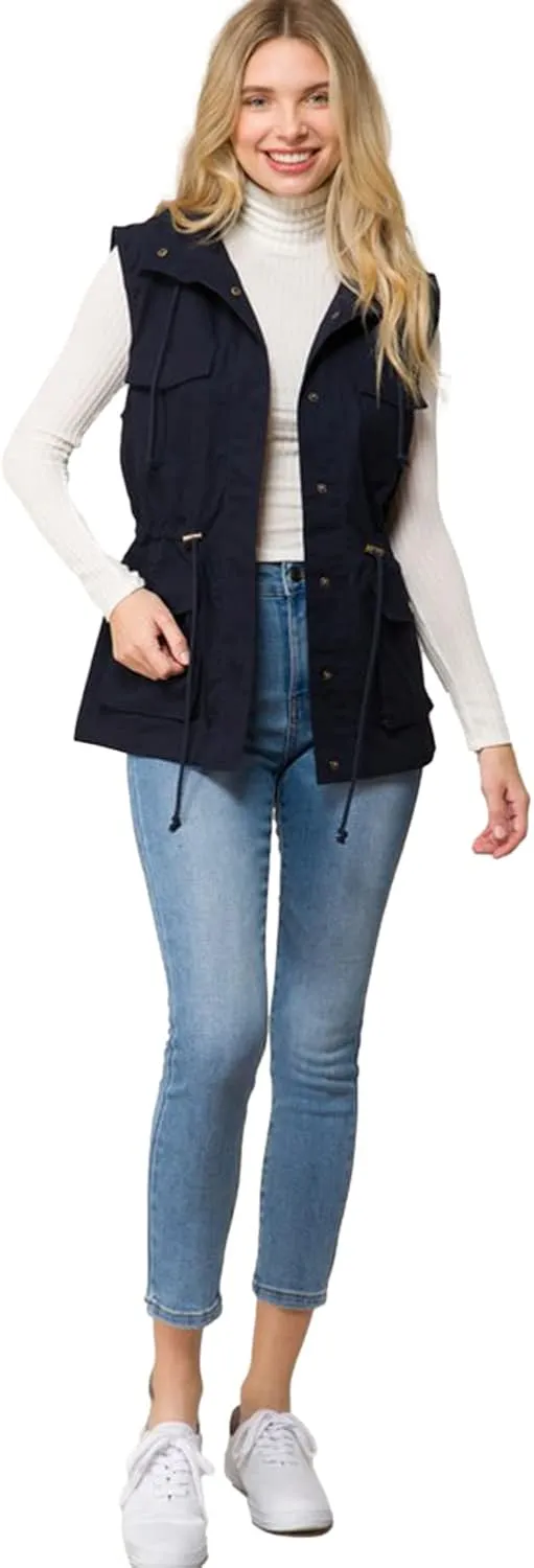 PacificPlex Womens Sleeveless Hooded Anorak Cotton Cargo Utility Safari Military Snap Fashion Vest w/Pockets
