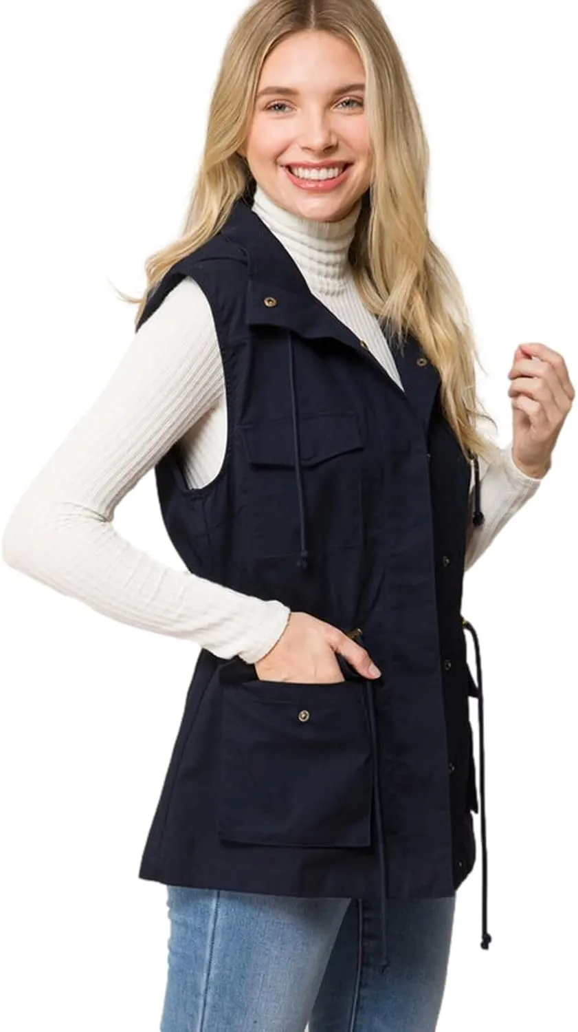 PacificPlex Womens Sleeveless Hooded Anorak Cotton Cargo Utility Safari Military Snap Fashion Vest w/Pockets
