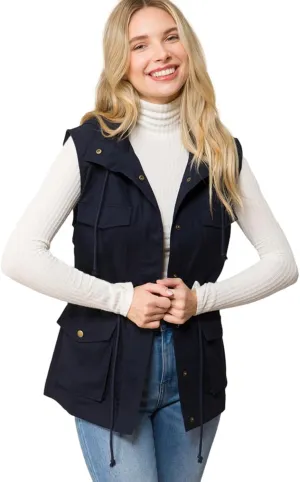 PacificPlex Womens Sleeveless Hooded Anorak Cotton Cargo Utility Safari Military Snap Fashion Vest w/Pockets