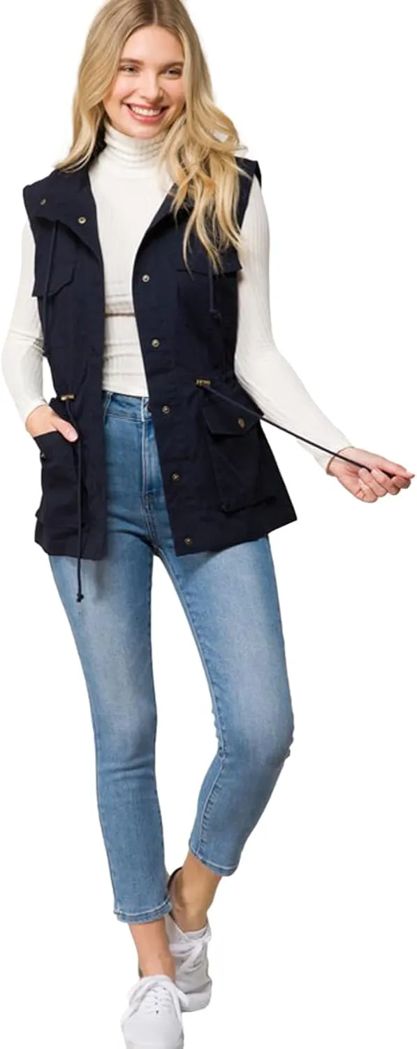 PacificPlex Womens Sleeveless Hooded Anorak Cotton Cargo Utility Safari Military Snap Fashion Vest w/Pockets