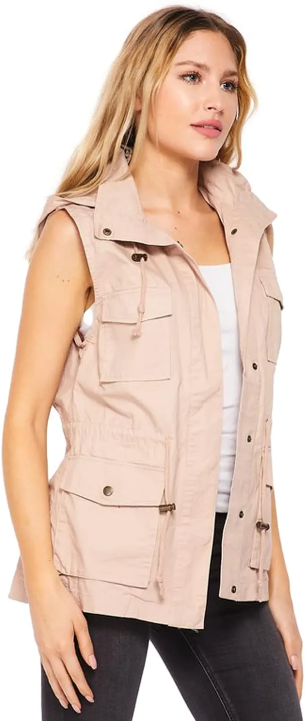 PacificPlex Womens Sleeveless Hooded Anorak Cotton Cargo Utility Safari Military Snap Fashion Vest w/Pockets