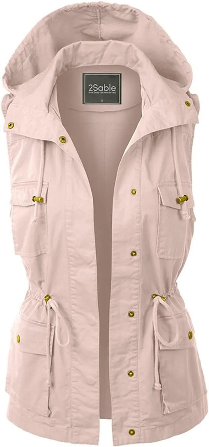 PacificPlex Womens Sleeveless Hooded Anorak Cotton Cargo Utility Safari Military Snap Fashion Vest w/Pockets