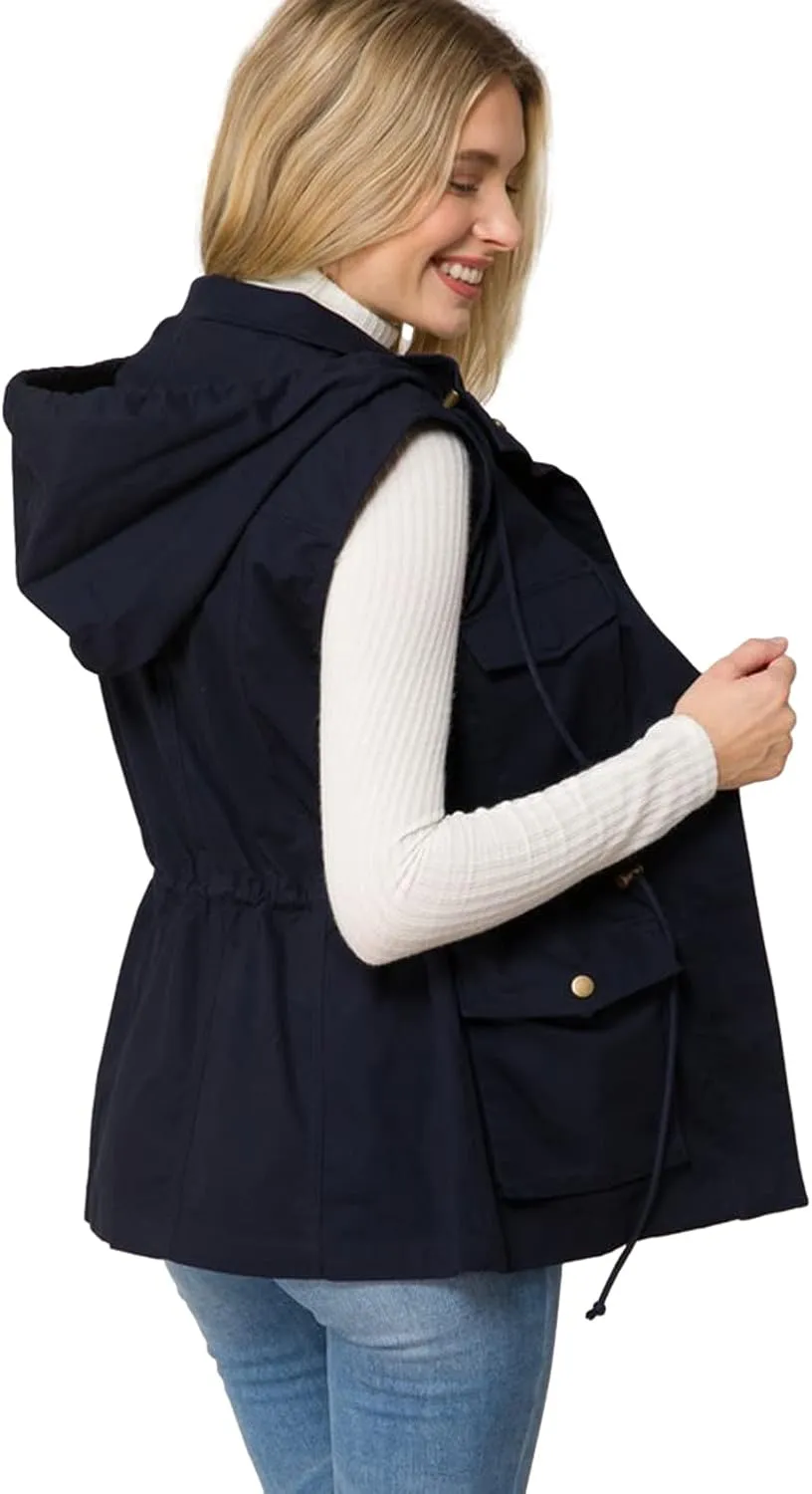 PacificPlex Womens Sleeveless Hooded Anorak Cotton Cargo Utility Safari Military Snap Fashion Vest w/Pockets