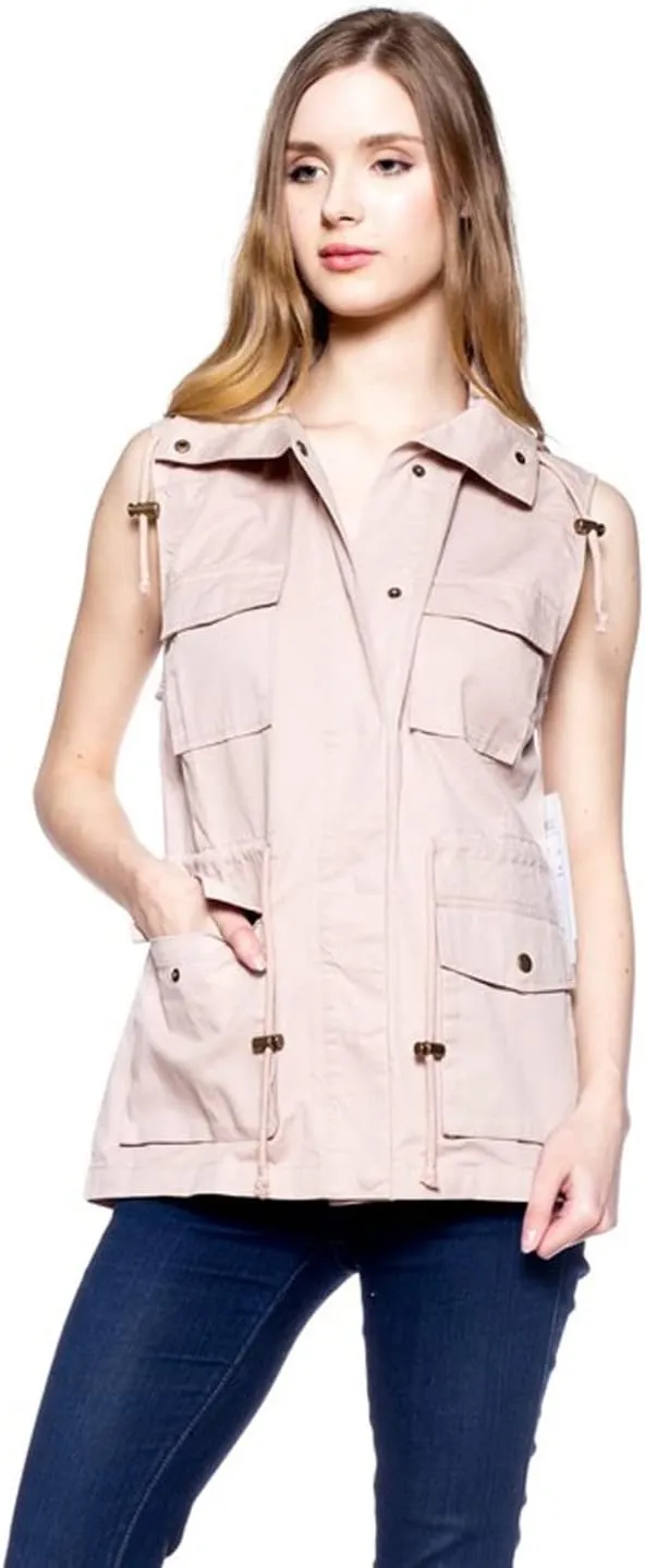 PacificPlex Womens Sleeveless Hooded Anorak Cotton Cargo Utility Safari Military Snap Fashion Vest w/Pockets