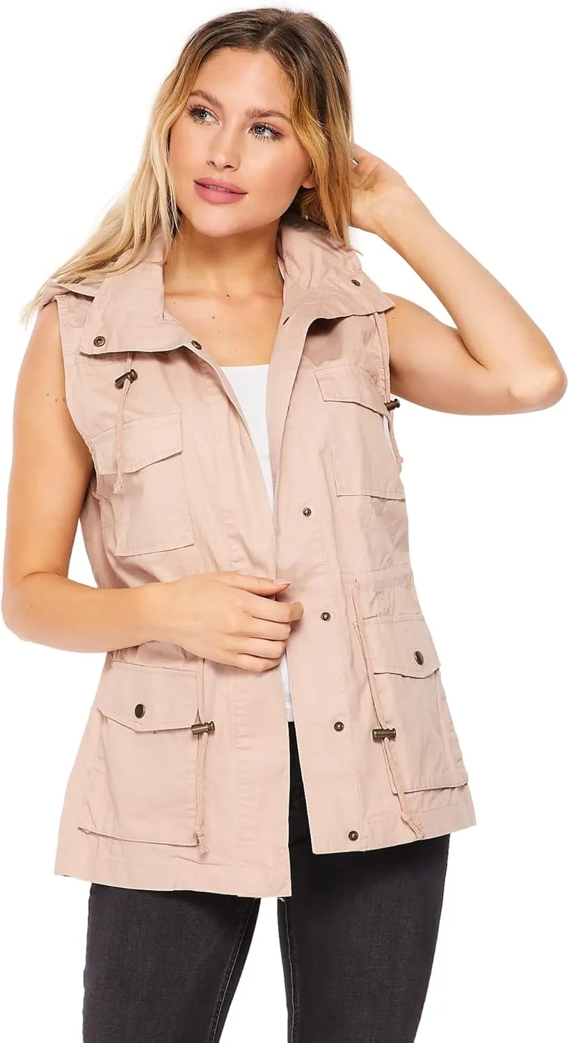 PacificPlex Womens Sleeveless Hooded Anorak Cotton Cargo Utility Safari Military Snap Fashion Vest w/Pockets