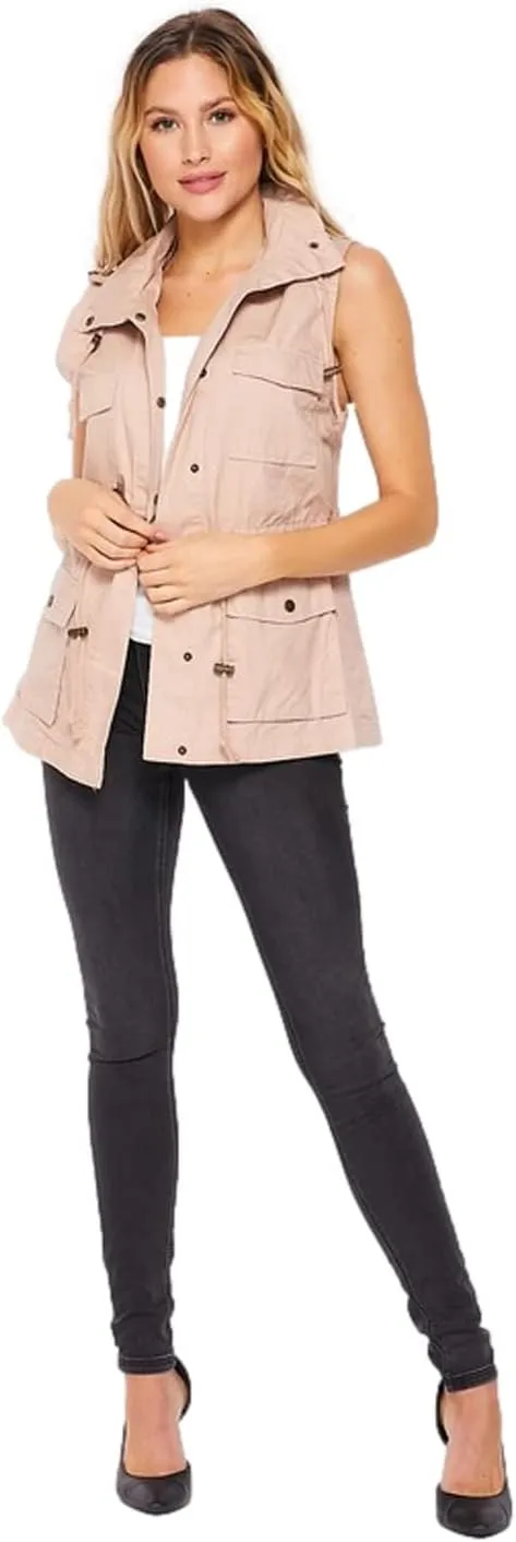 PacificPlex Womens Sleeveless Hooded Anorak Cotton Cargo Utility Safari Military Snap Fashion Vest w/Pockets