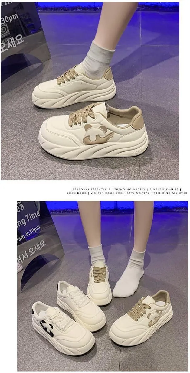 Panda Design Cute White Sneakers Chunky Platform Lace-up Comfy Non Slip Lightweight Softy Casual Shoes Kawaii Y2K Pretty Pastel Retro Trendy Fashion Gifts for Women Girls Back to School Everyday Wear