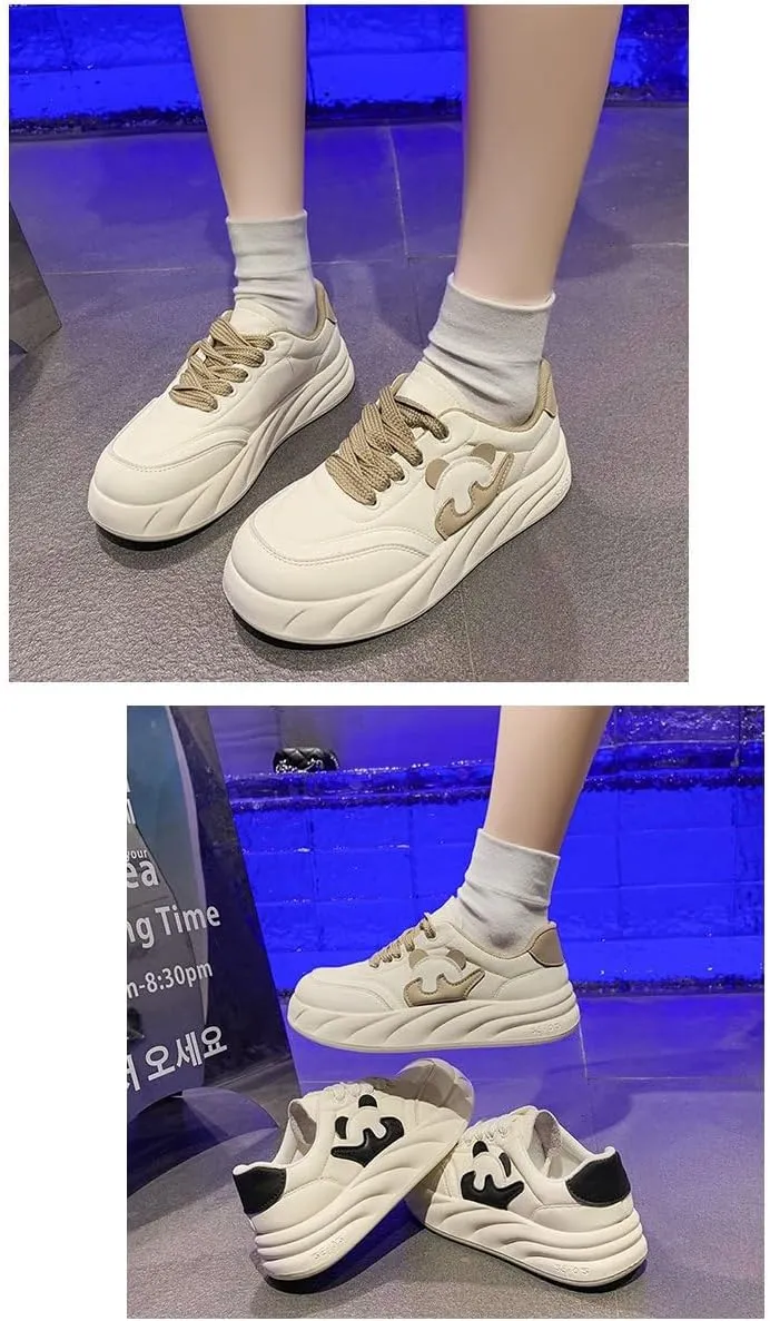 Panda Design Cute White Sneakers Chunky Platform Lace-up Comfy Non Slip Lightweight Softy Casual Shoes Kawaii Y2K Pretty Pastel Retro Trendy Fashion Gifts for Women Girls Back to School Everyday Wear