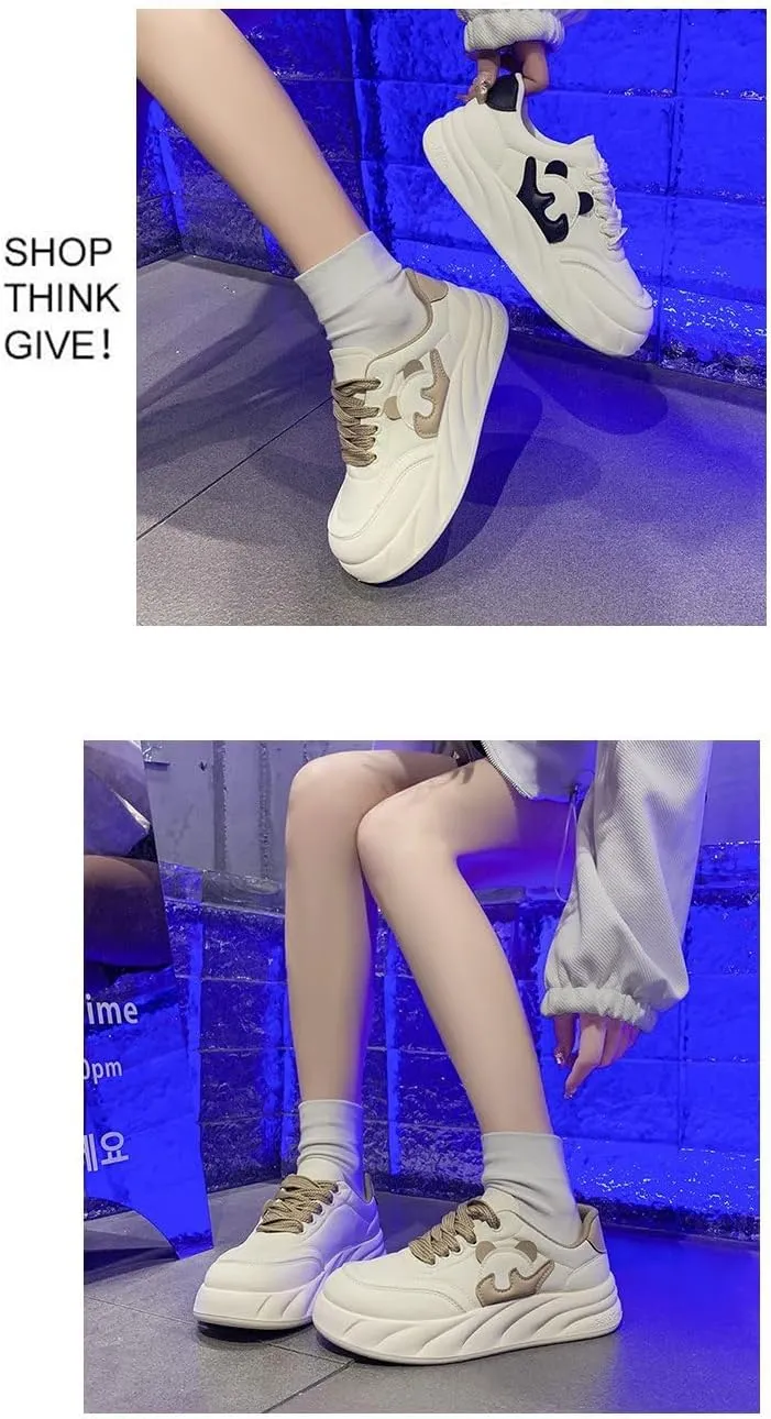 Panda Design Cute White Sneakers Chunky Platform Lace-up Comfy Non Slip Lightweight Softy Casual Shoes Kawaii Y2K Pretty Pastel Retro Trendy Fashion Gifts for Women Girls Back to School Everyday Wear
