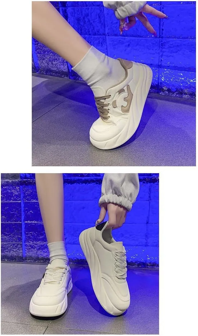 Panda Design Cute White Sneakers Chunky Platform Lace-up Comfy Non Slip Lightweight Softy Casual Shoes Kawaii Y2K Pretty Pastel Retro Trendy Fashion Gifts for Women Girls Back to School Everyday Wear