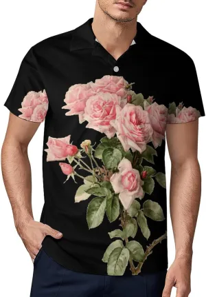 Pink Roses Flowers Classic Polo Shirts for Men Quick Dry Short Sleeve Fit Golf Tees Casual Tops