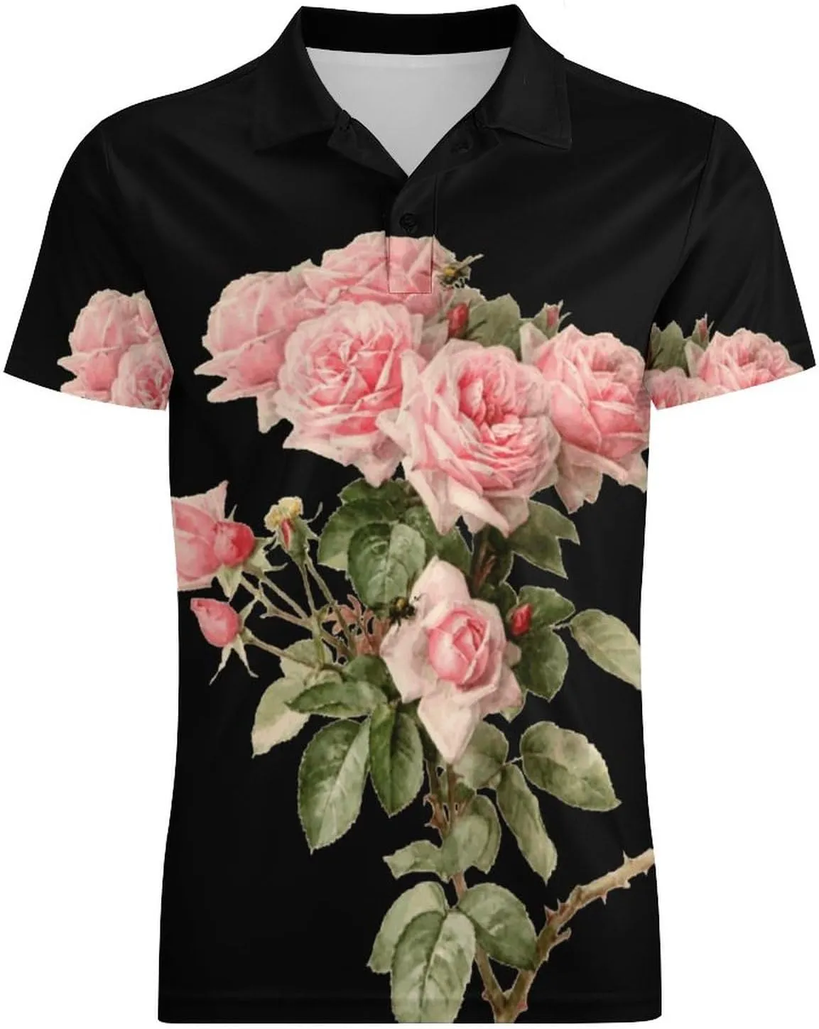 Pink Roses Flowers Classic Polo Shirts for Men Quick Dry Short Sleeve Fit Golf Tees Casual Tops