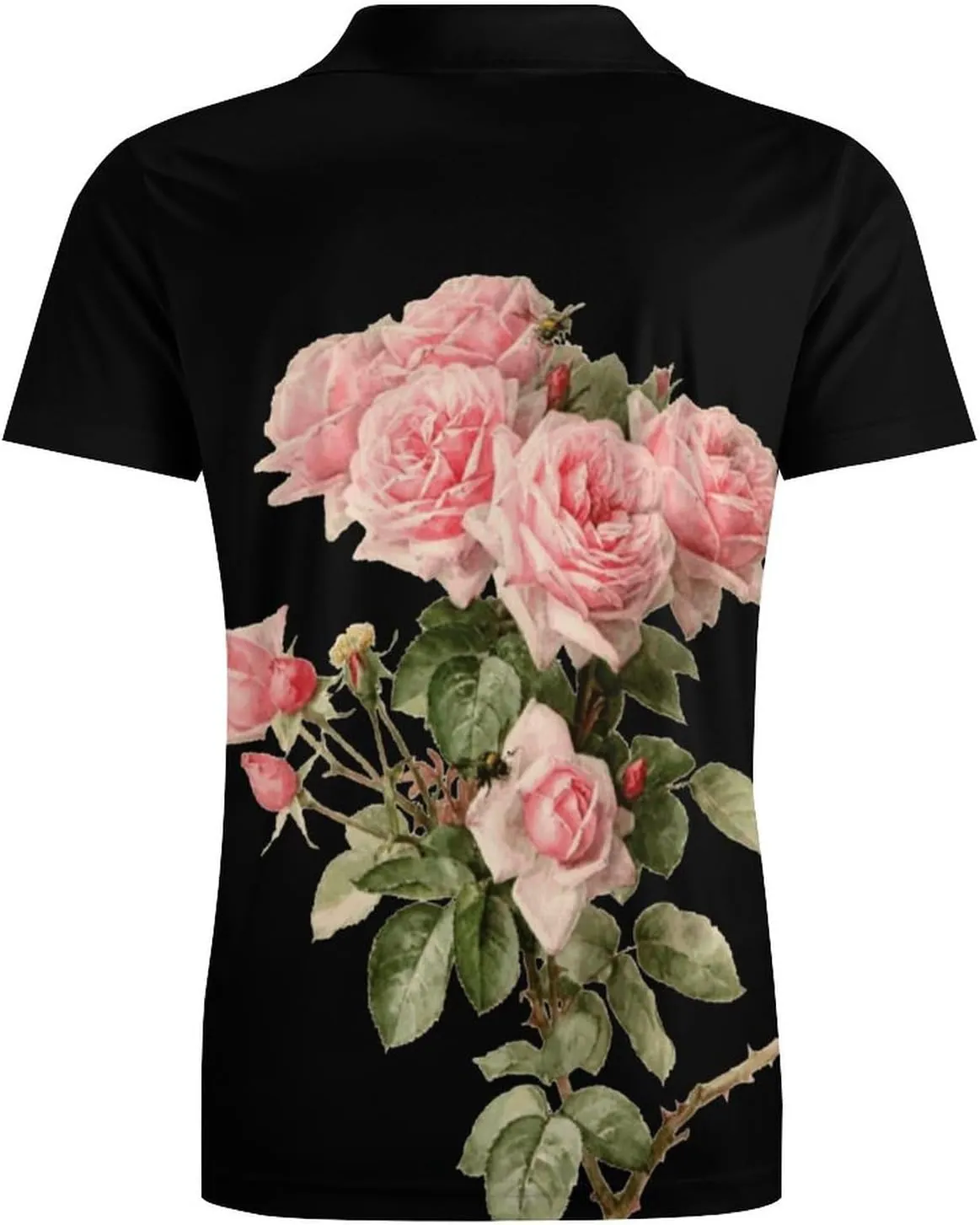 Pink Roses Flowers Classic Polo Shirts for Men Quick Dry Short Sleeve Fit Golf Tees Casual Tops