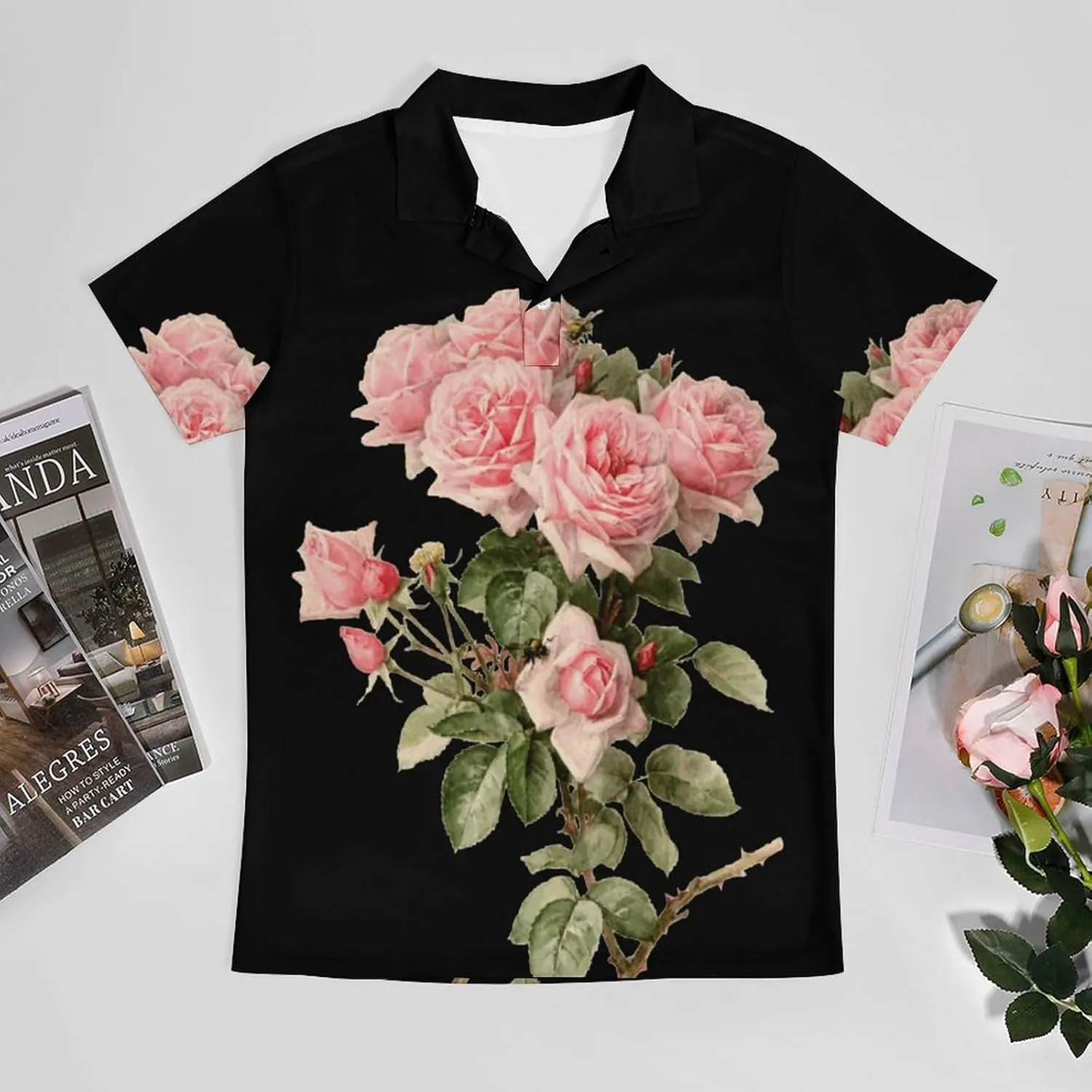 Pink Roses Flowers Classic Polo Shirts for Men Quick Dry Short Sleeve Fit Golf Tees Casual Tops
