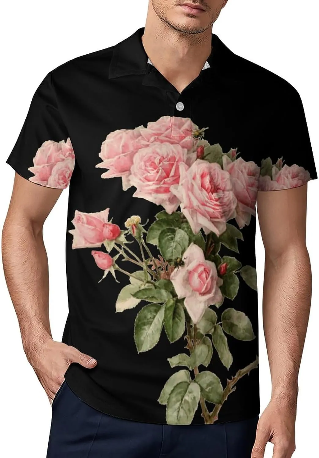Pink Roses Flowers Classic Polo Shirts for Men Quick Dry Short Sleeve Fit Golf Tees Casual Tops