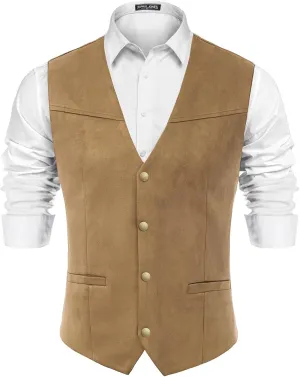 PJ PAUL JONES Men's Western Cowboy Suit Vest Slim Fit Faux Suede Leather Dress Vests Waistcoat for Wedding