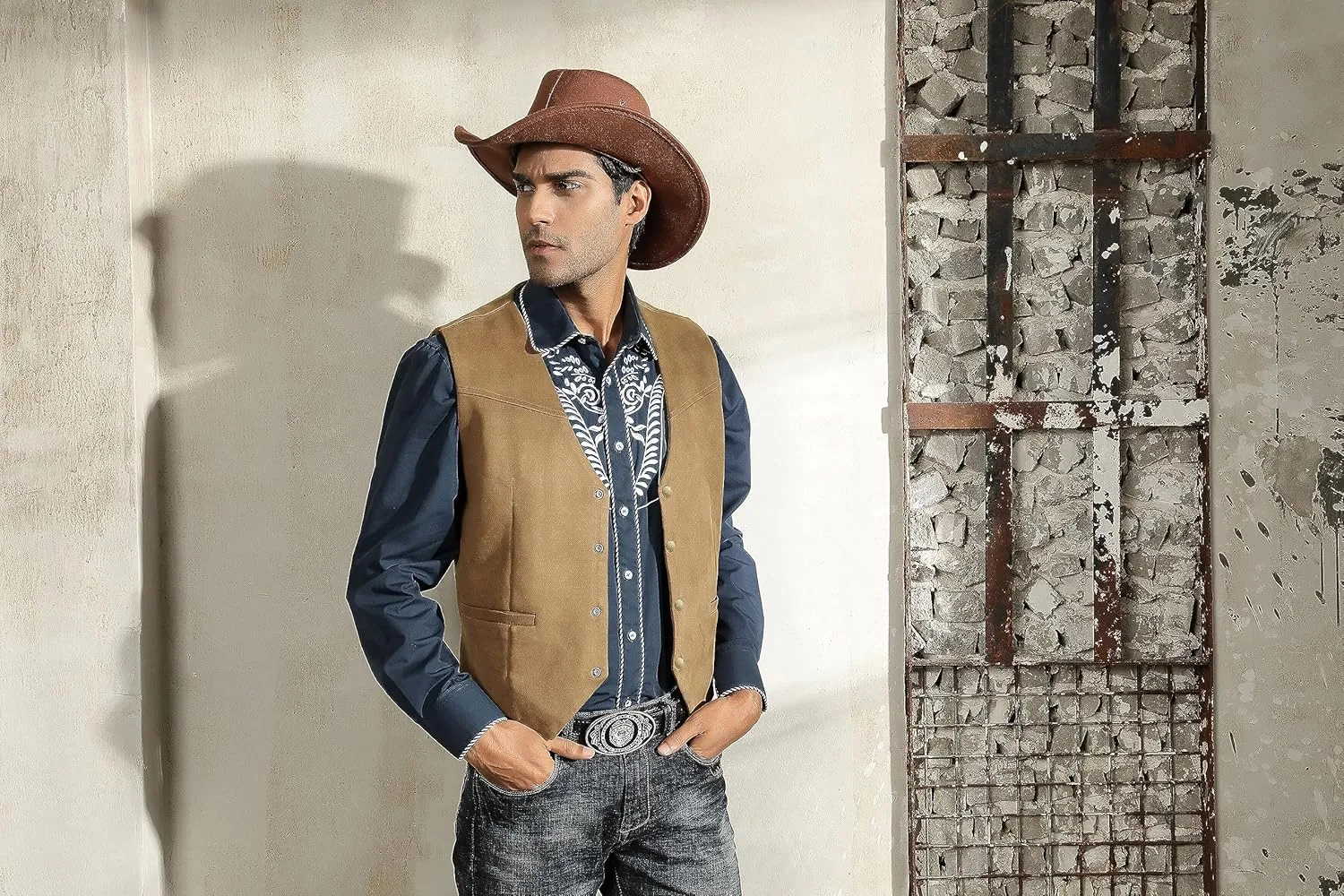 PJ PAUL JONES Men's Western Cowboy Suit Vest Slim Fit Faux Suede Leather Dress Vests Waistcoat for Wedding